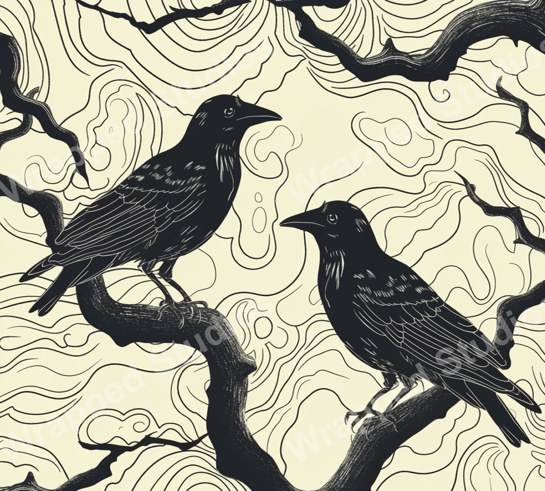 Elegant pattern featuring black ravens on branches with swirling linear accents.
