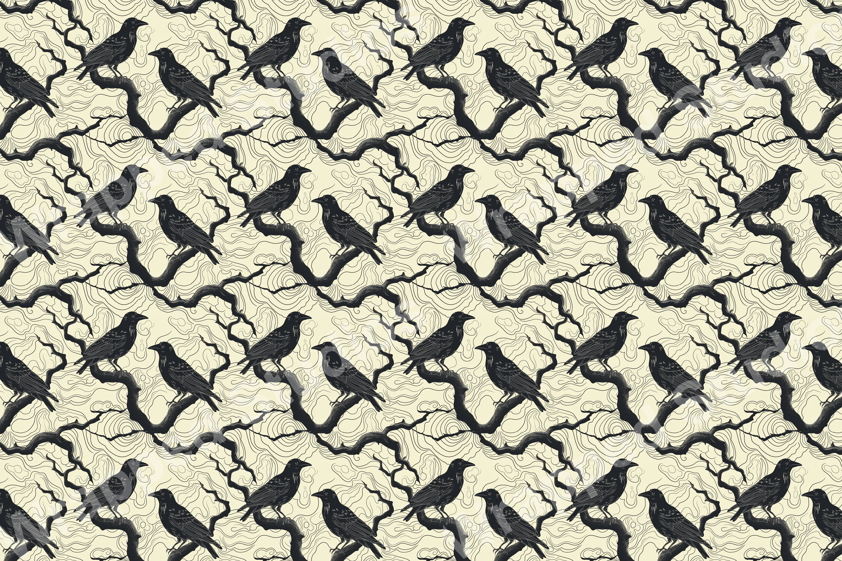 Monochrome crow pattern with branches and swirling clouds on light tan.