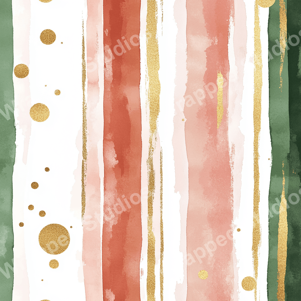 Abstract striped pattern with gold glitter accents in shades of coral, green, and white.