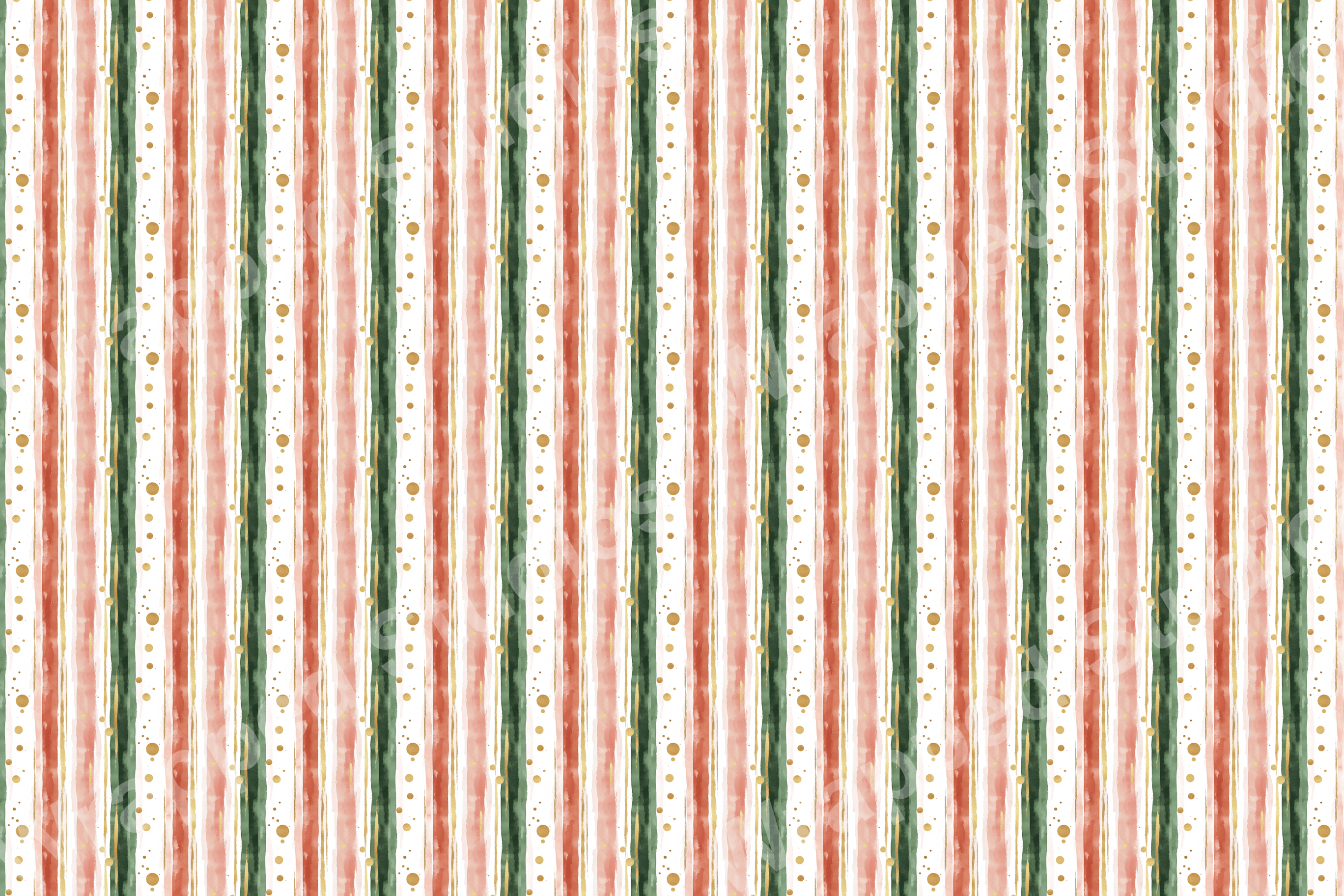 Watercolor stripe pattern in red, green, and gold, with scattered polka dots.