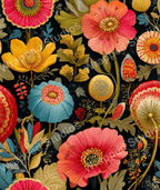 Vibrant floral pattern with retro botanical elements on a dark background.