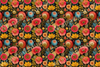 Vibrant floral pattern with red, yellow, and blue blossoms on a dark botanical background.