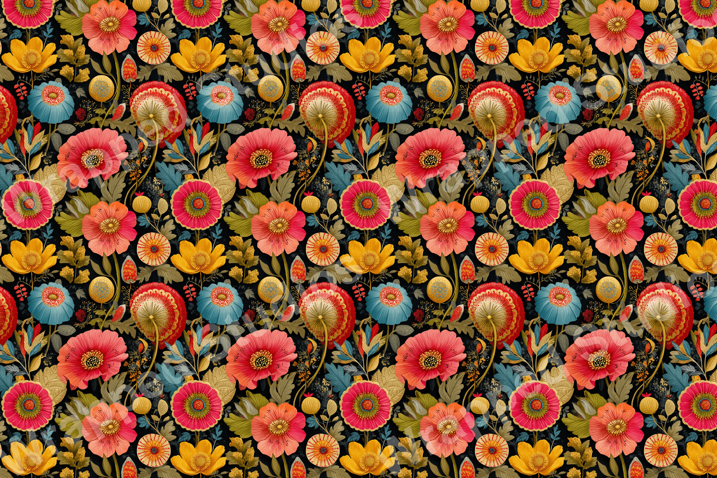 Vibrant floral pattern with red, yellow, and blue blossoms on a dark botanical background.