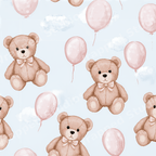 Cute watercolor teddy bear and pink balloon seamless pattern on a light blue background.
