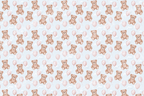 Cute watercolor teddy bear pattern with pink balloons and clouds on a light blue background.