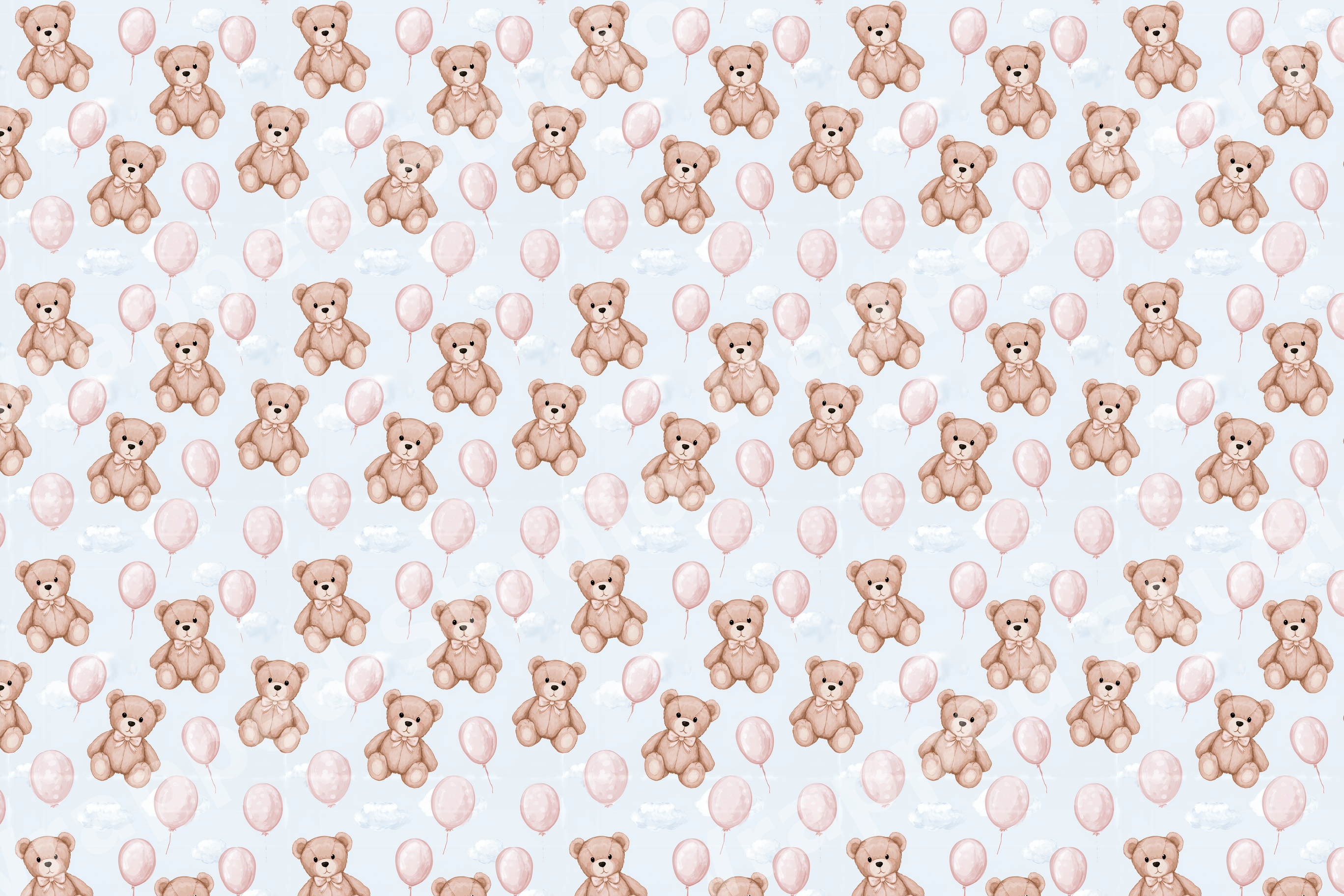 Cute watercolor teddy bear pattern with pink balloons and clouds on a light blue background.