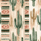 Boho watercolor cactus pattern with southwestern geometric stripes in terracotta and sage green.