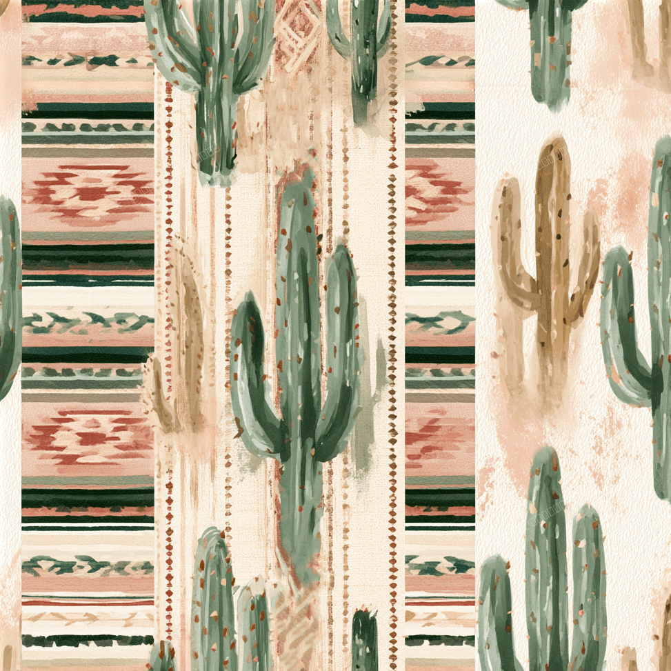 Boho watercolor cactus pattern with southwestern geometric stripes in terracotta and sage green.