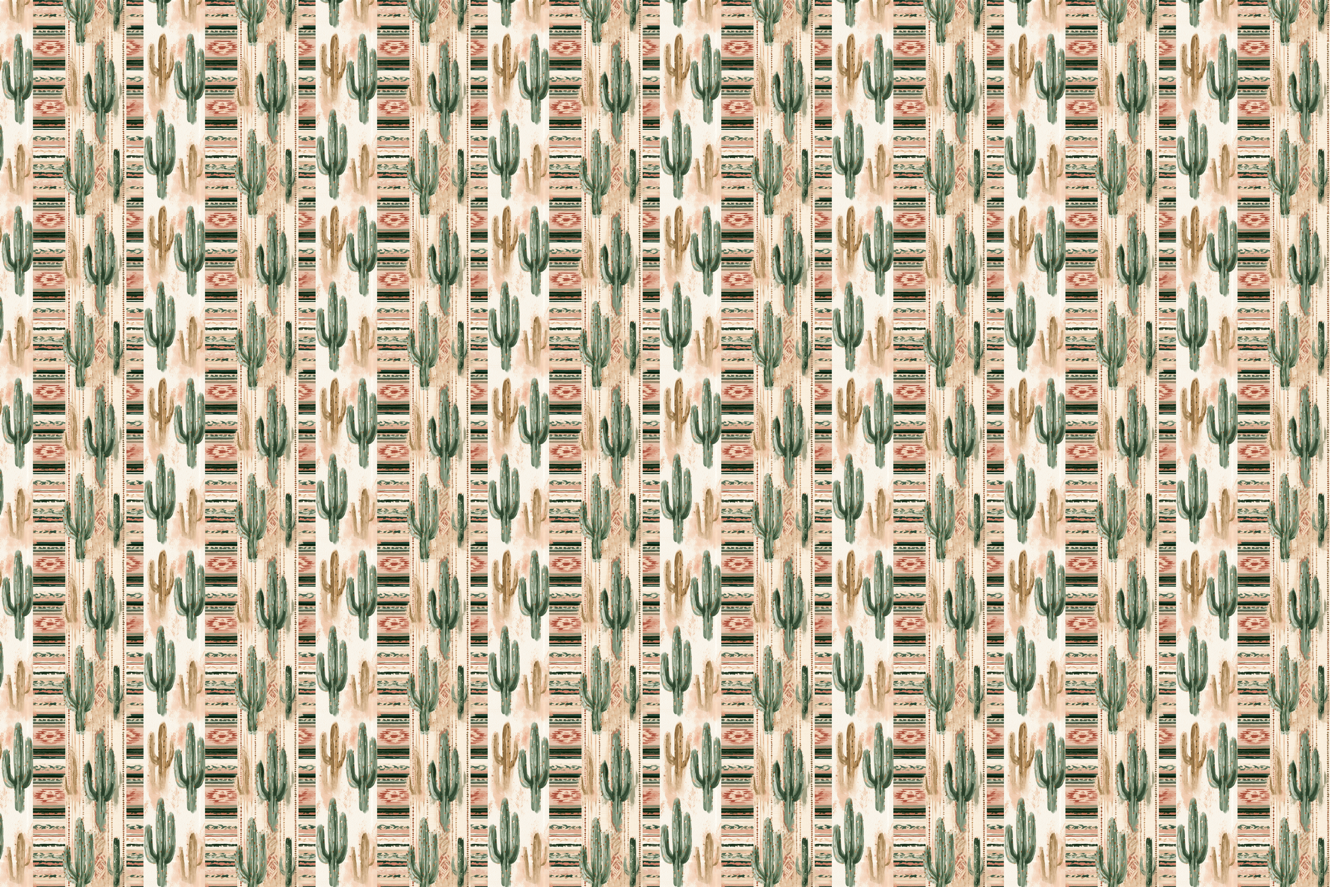 Southwestern cactus pattern with watercolor sage green saguaros and rustic terracotta geometric stripes.