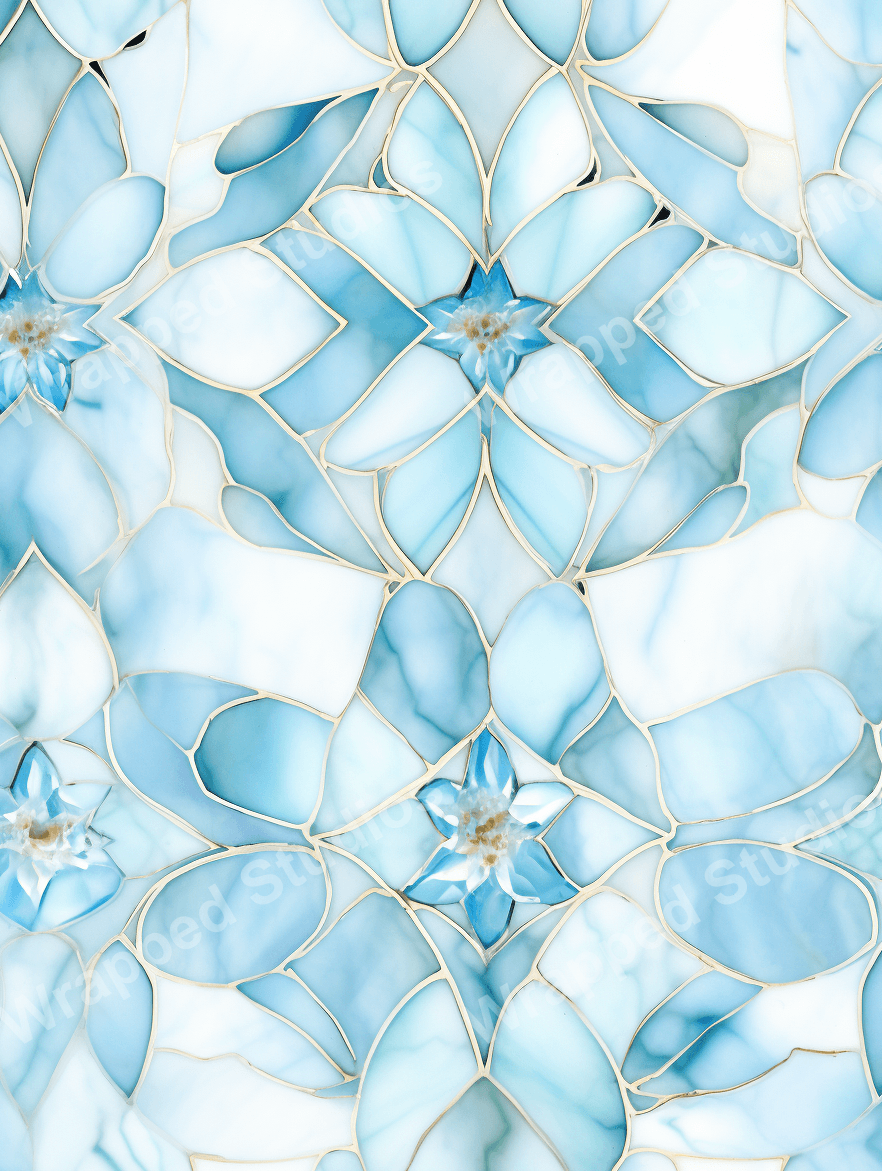 Elegant floral pattern in marbled blues and white with gold outlines.