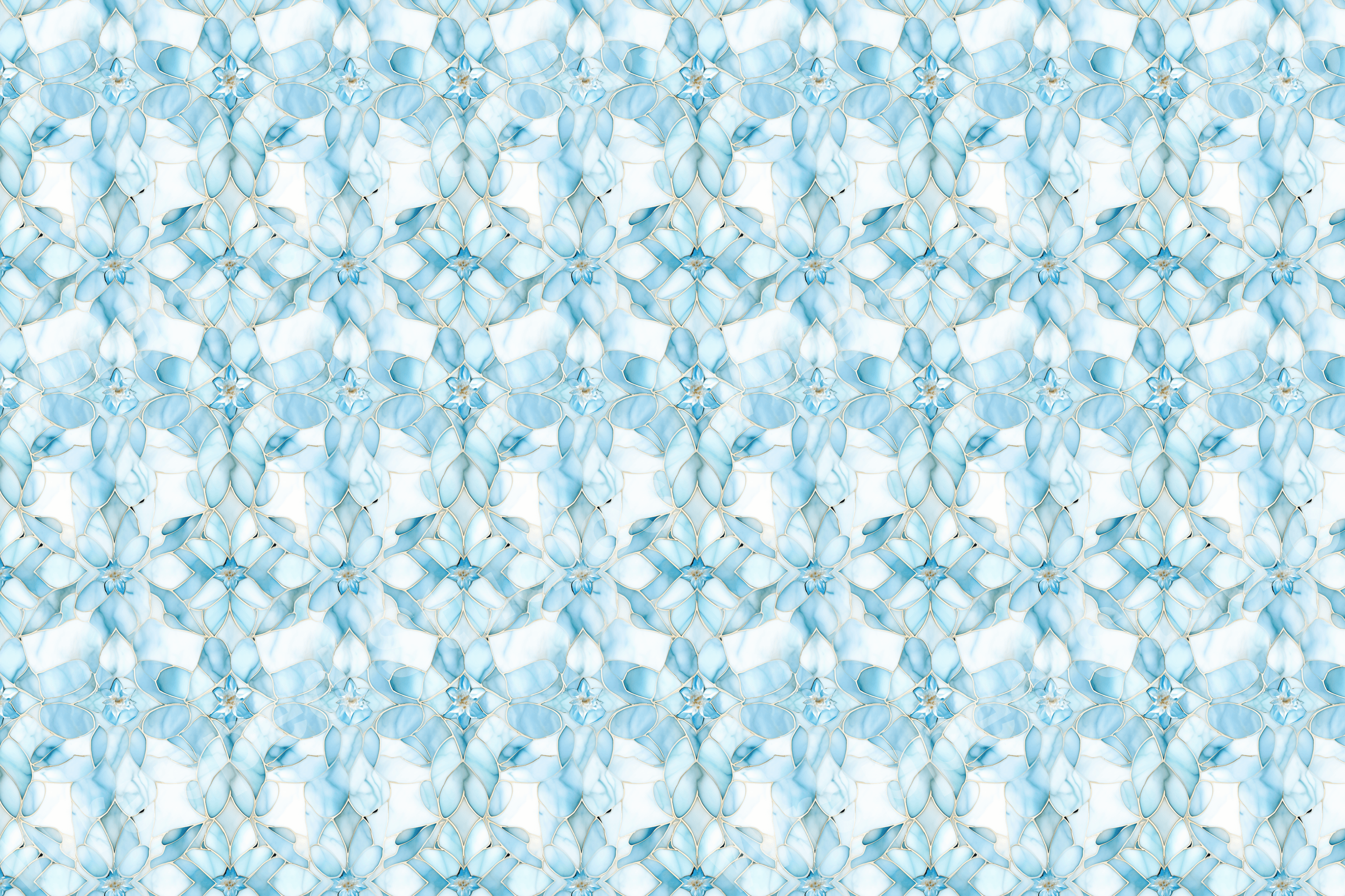 Elegant floral pattern of blue marbleized blooms with gold outlines on a white background.