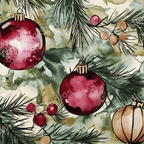 Watercolor Christmas pattern with red ornaments, berries, and evergreen branches on a marbled green background.