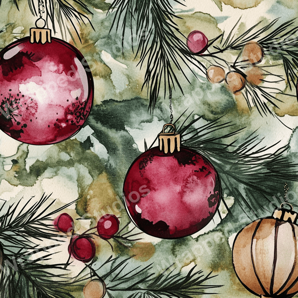 Watercolor Christmas pattern with red ornaments, berries, and evergreen branches on a marbled green background.