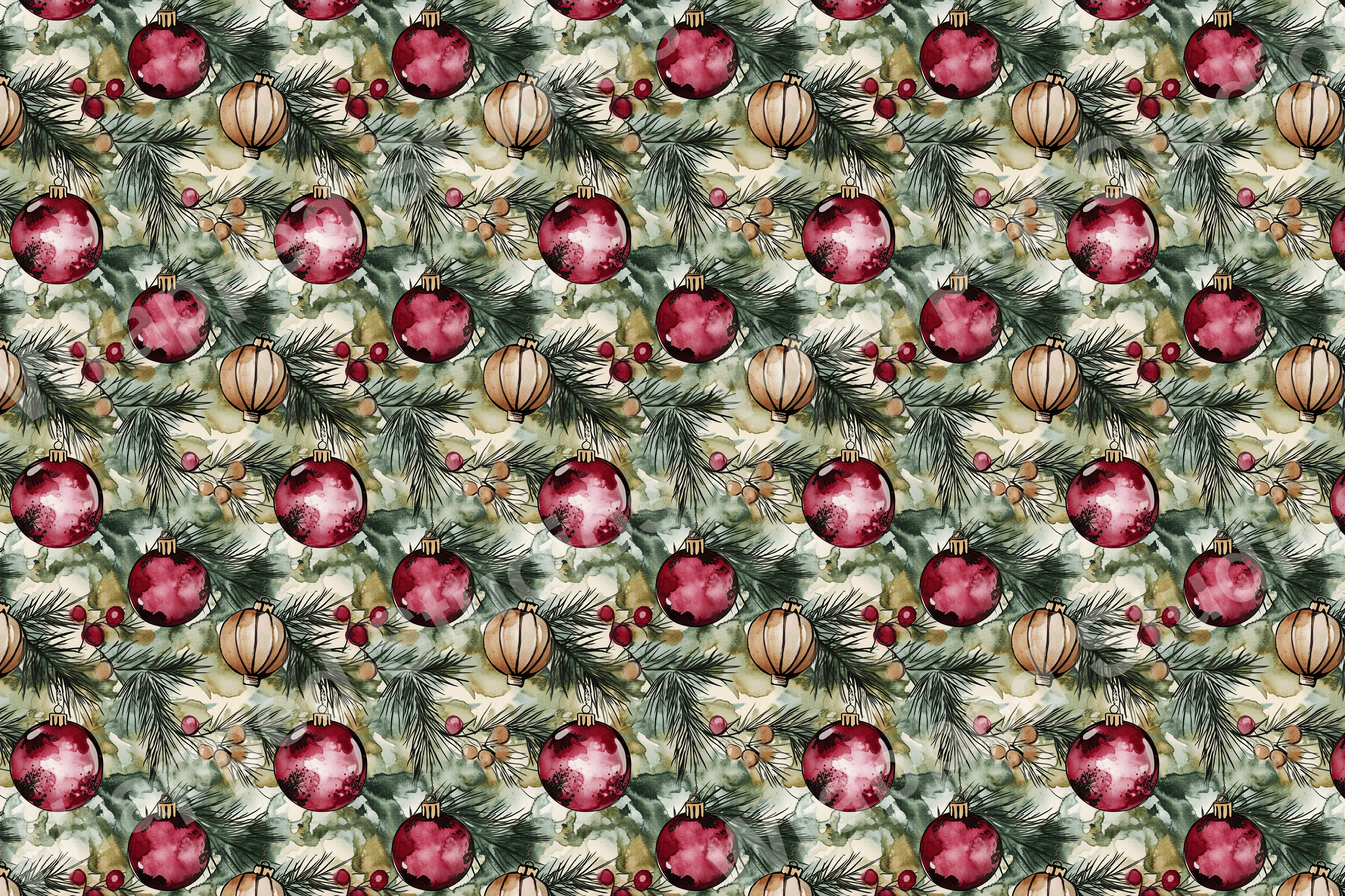 Watercolor Christmas pattern with red and gold ornaments, pine sprigs and berries.