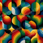 Colorful geometric pattern with retro rainbow stripes and curved shapes on a dark background.
