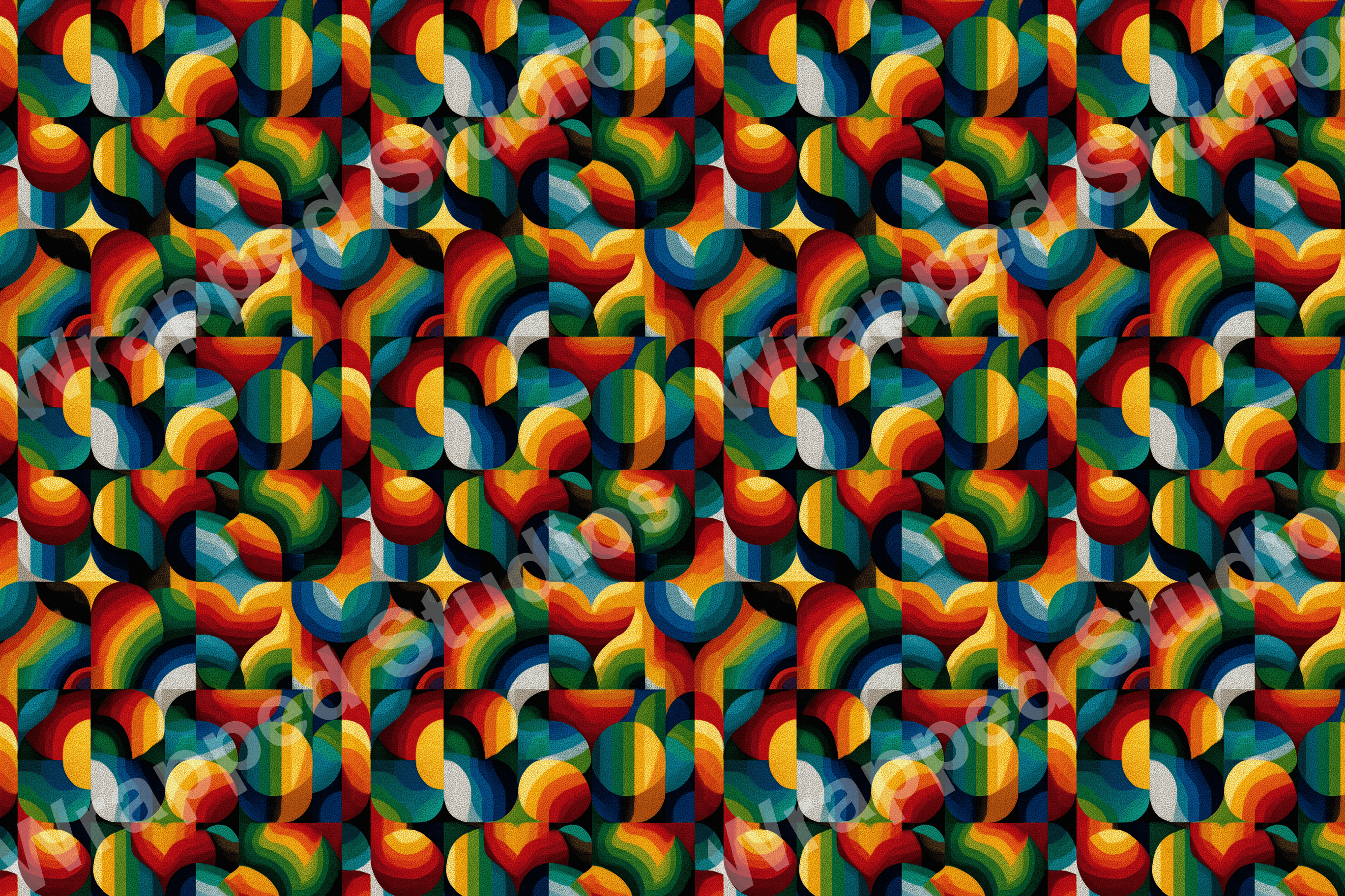 Retro geometric pattern with rainbow spectrum curves and vibrant, bold colors.