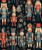 Vintage Christmas nutcracker pattern with festive botanicals on a dark background.
