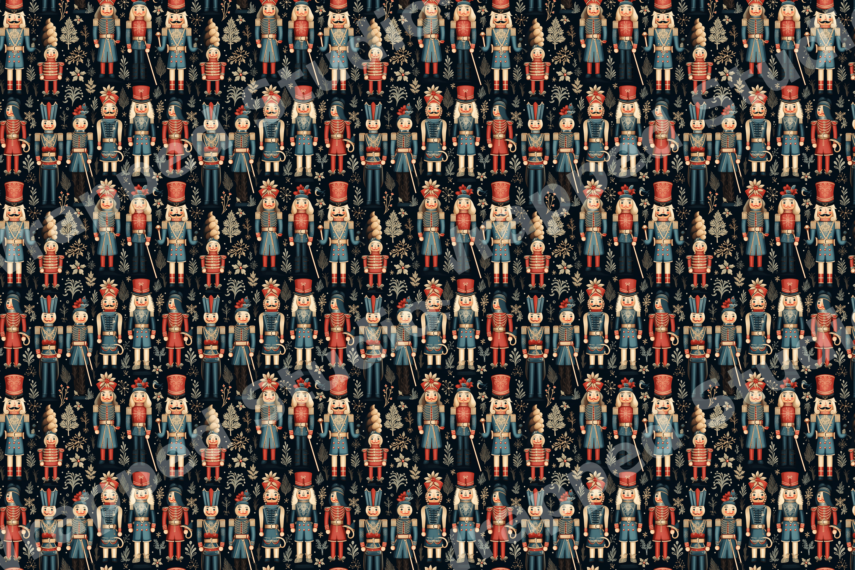 Vintage nutcracker pattern featuring festive toy soldiers and gold botanicals on a dark navy blue background.