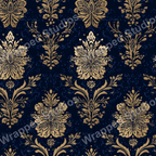 Elegant damask pattern in gold against a deep navy backdrop.