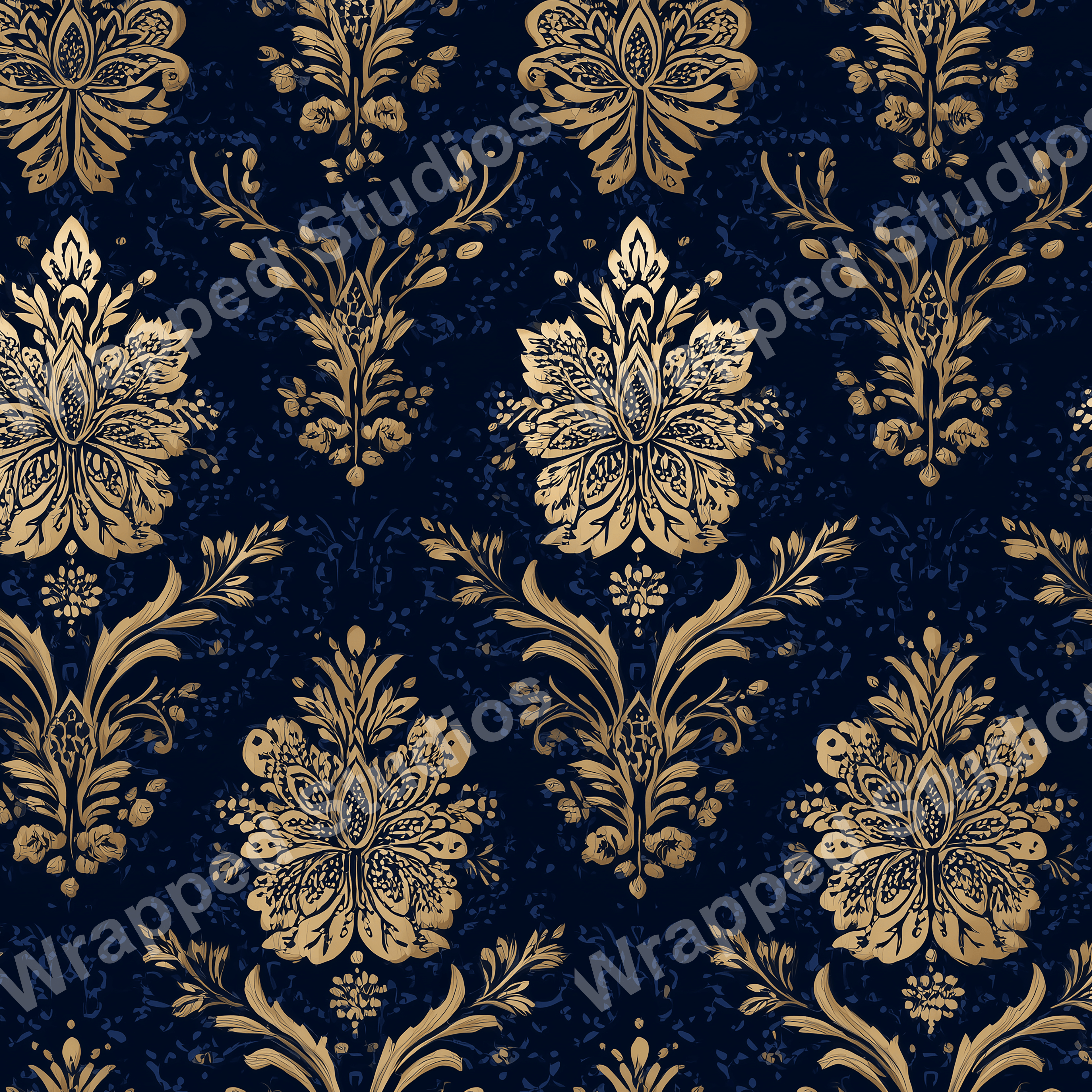 Elegant damask pattern in gold against a deep navy backdrop.