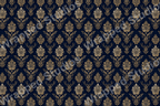 Elegant damask pattern with gold floral flourishes on a dark blue background.