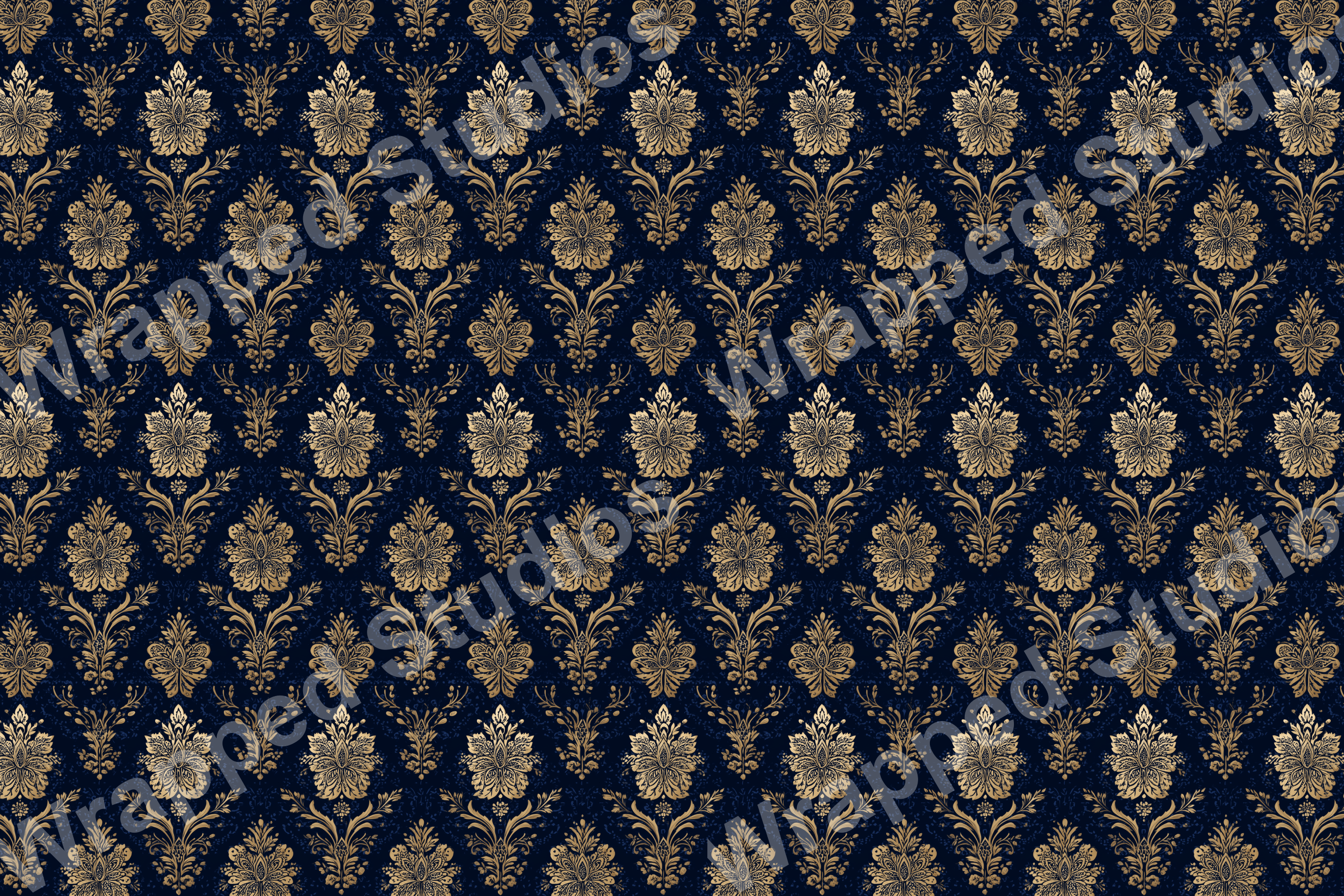 Elegant damask pattern with gold floral flourishes on a dark blue background.