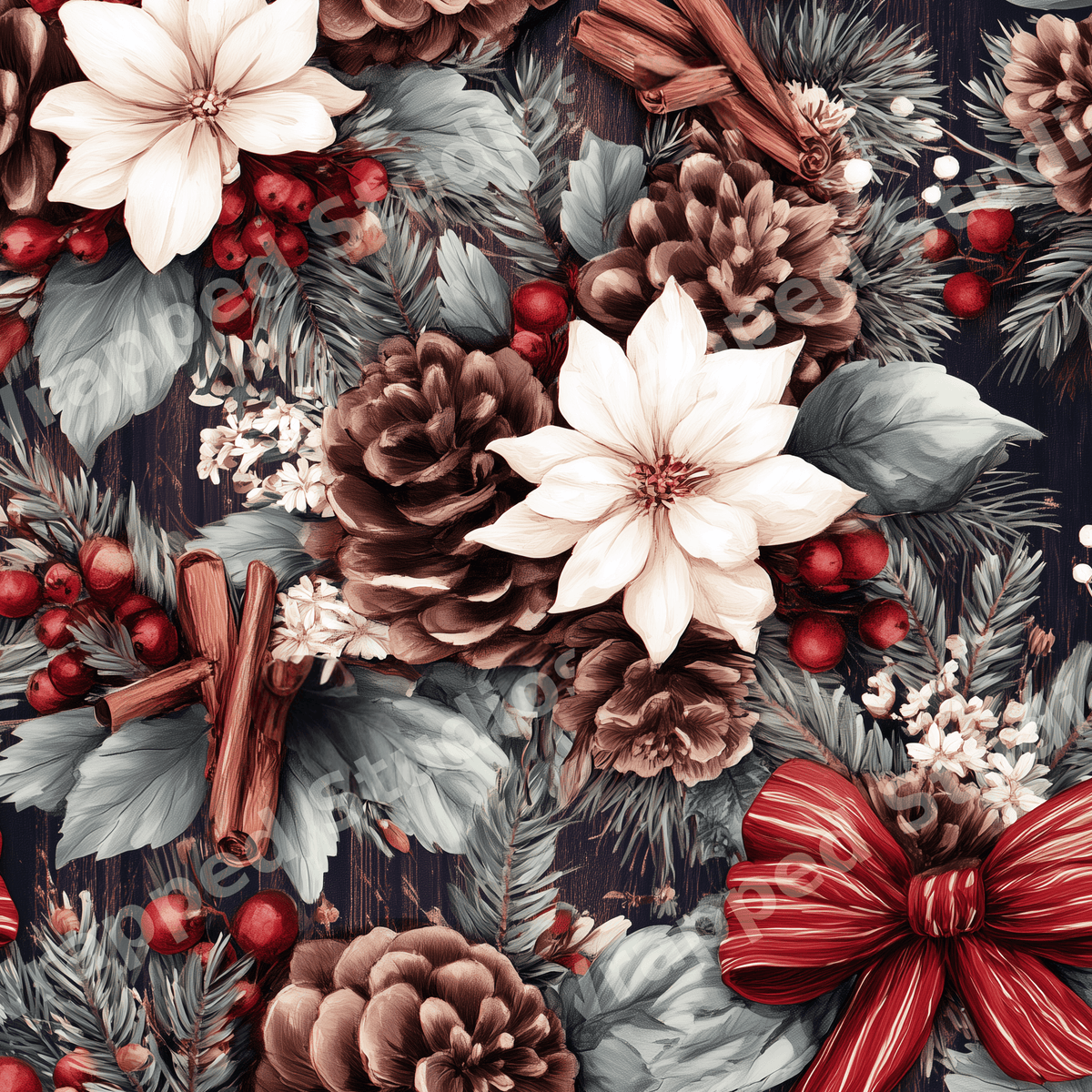 Vintage botanical Christmas floral pattern with white poinsettias, pinecones, and red berries.