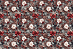 Vintage Christmas botanical pattern with white poinsettias, pinecones, and red berries on a dark background.