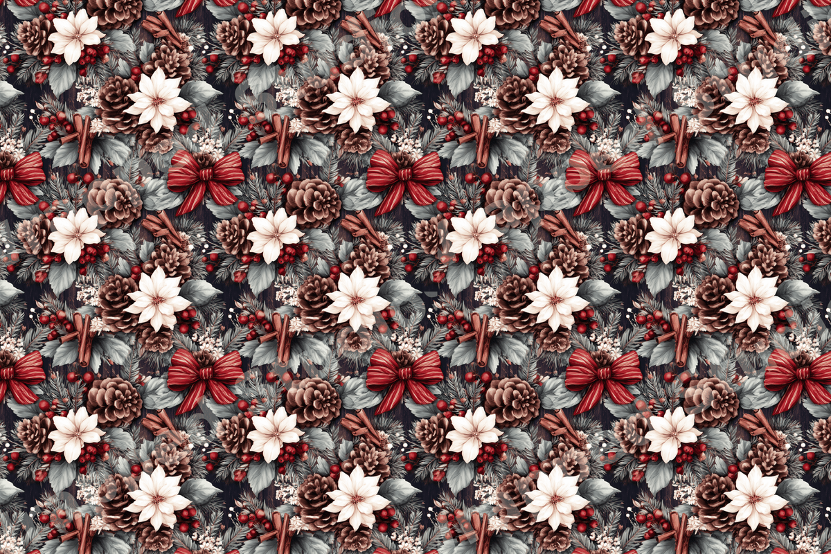 Vintage Christmas botanical pattern with white poinsettias, pinecones, and red berries on a dark background.