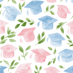 Seamless watercolor graduation pattern with pastel blue and pink caps and green leaves.