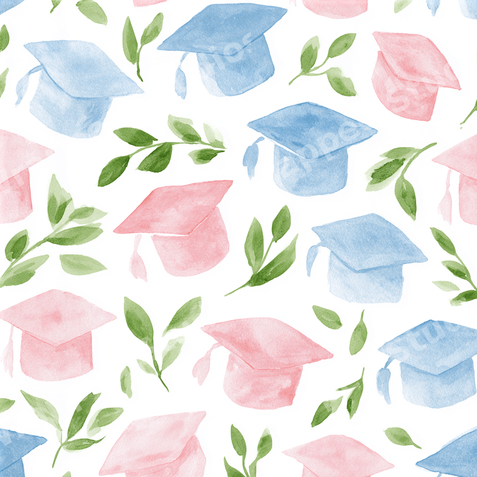 Seamless watercolor graduation pattern with pastel blue and pink caps and green leaves.
