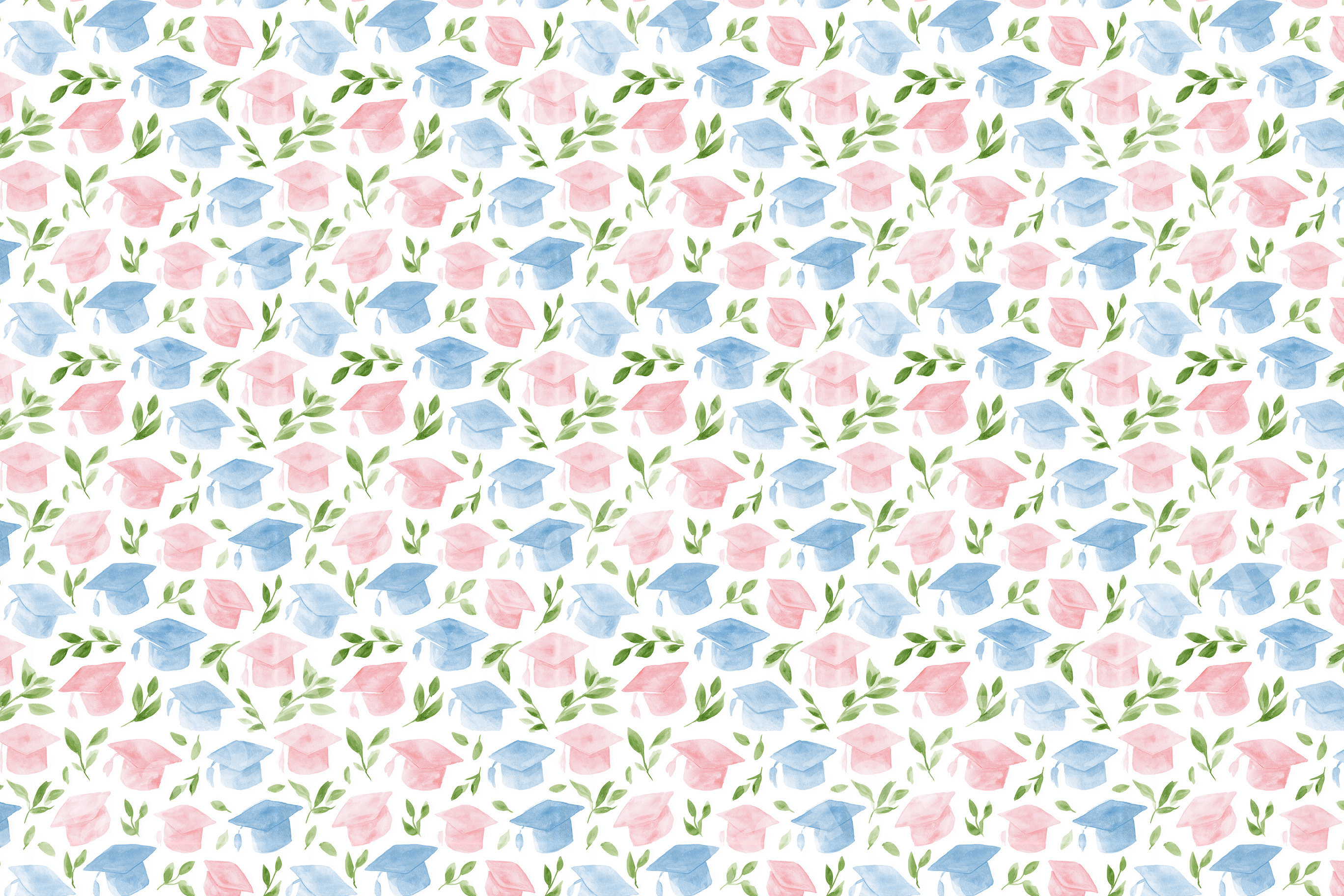 Pastel pink and blue watercolor graduation cap pattern with green leaves on a white background.