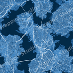 Modern blue city map seamless pattern featuring a detailed urban street grid and waterways in blueprint style.