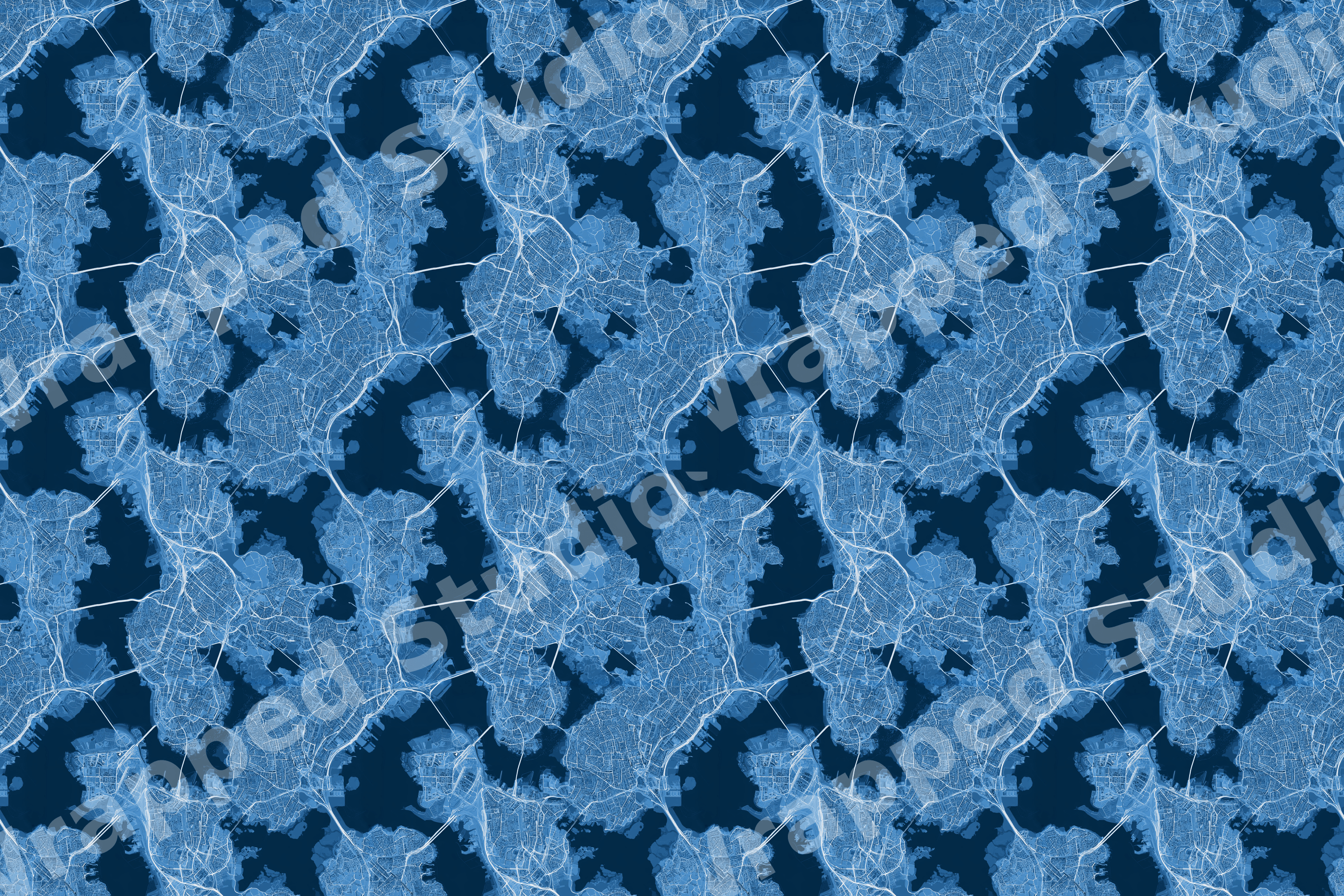 Seamless blue city map pattern with detailed street grids and coastlines in a blueprint aesthetic.