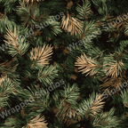 Dense evergreen tree branch pattern in dark green and gold hues creates a festive, woodland botanical design.