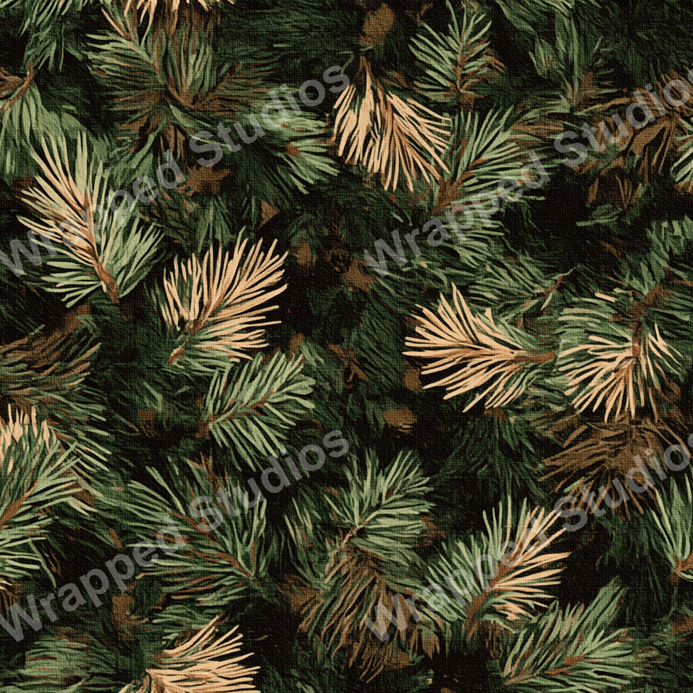 Dense evergreen tree branch pattern in dark green and gold hues creates a festive, woodland botanical design.