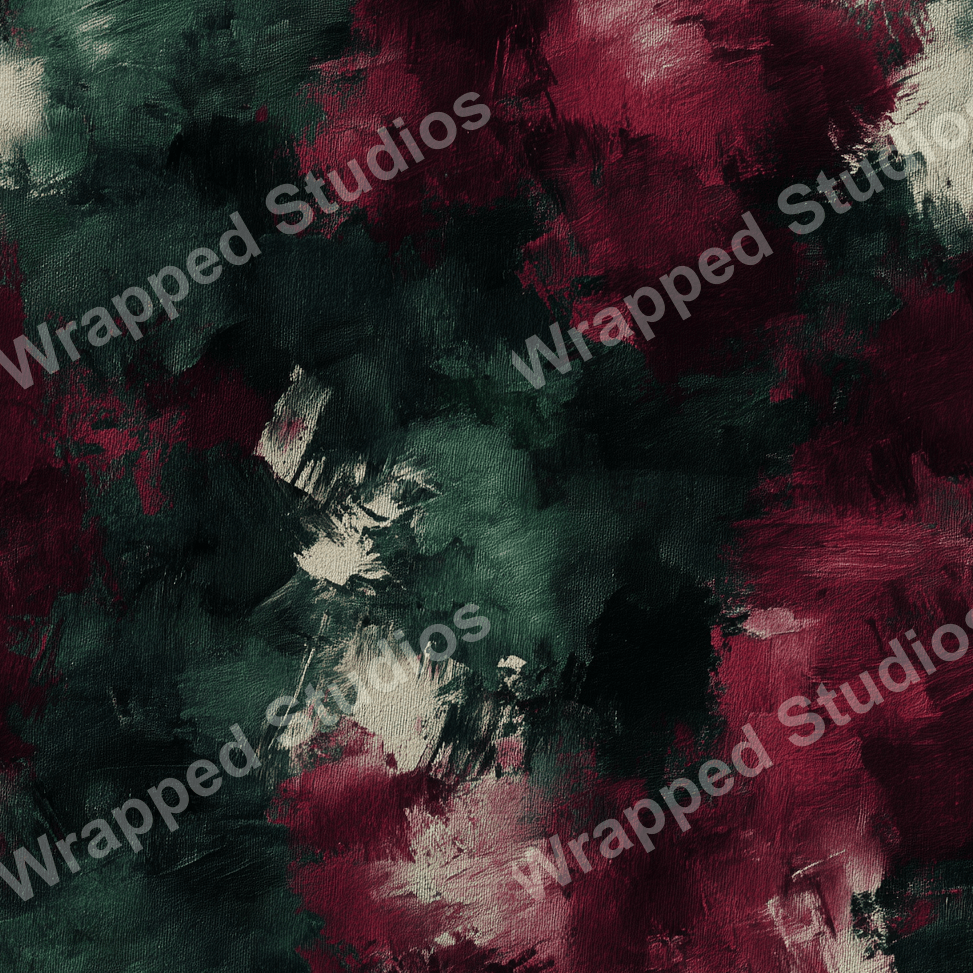 Abstract pattern with green, burgundy, and ivory brushstrokes creates an artistic, moody feel.