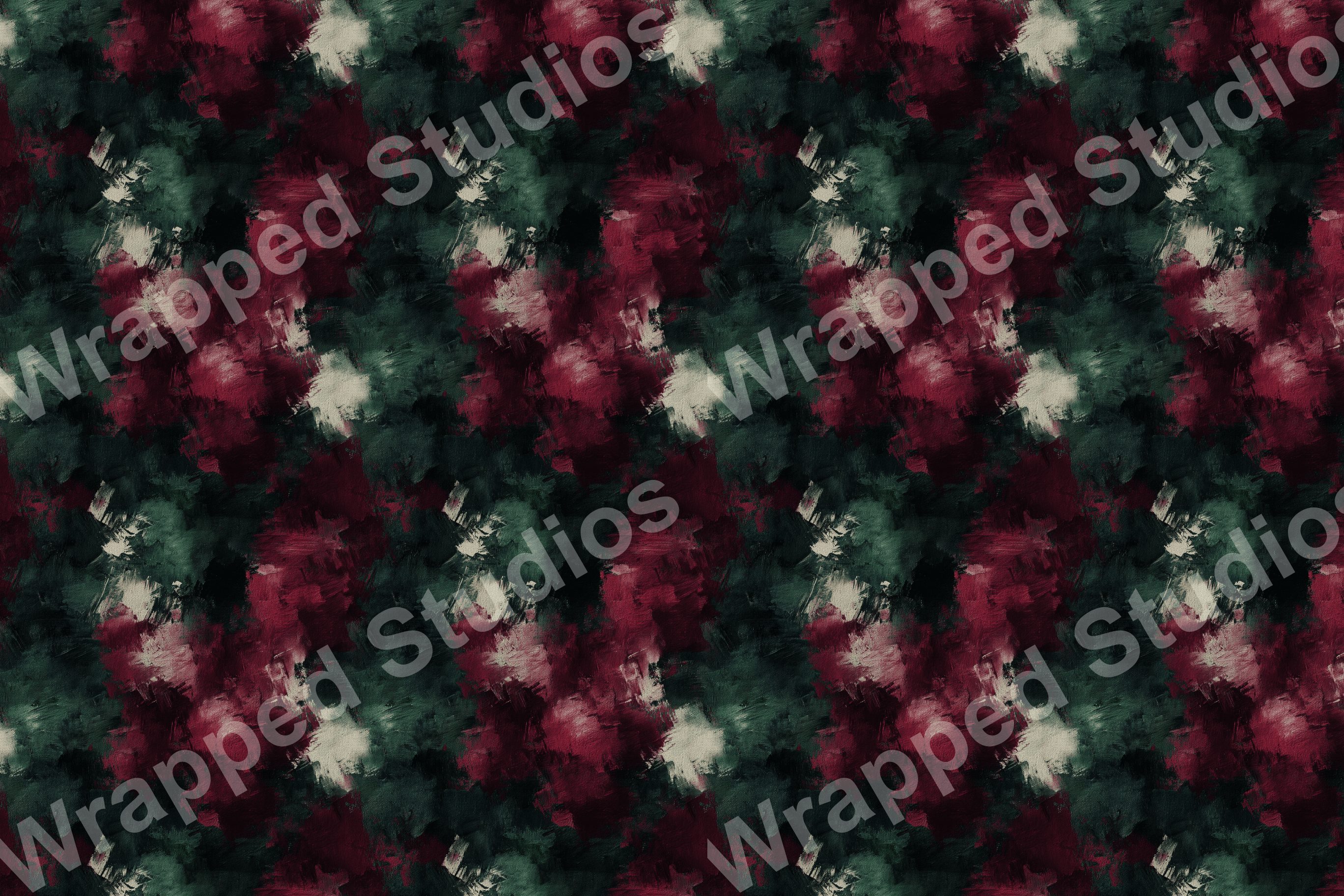 Abstract painterly pattern with brushstroke textures in deep red, forest green, and cream colors.