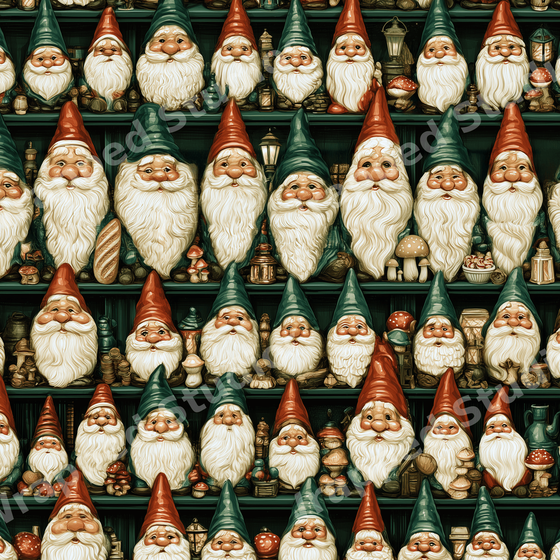 Vintage Christmas gnome pattern featuring whimsical illustrated gnomes in red and green hats.