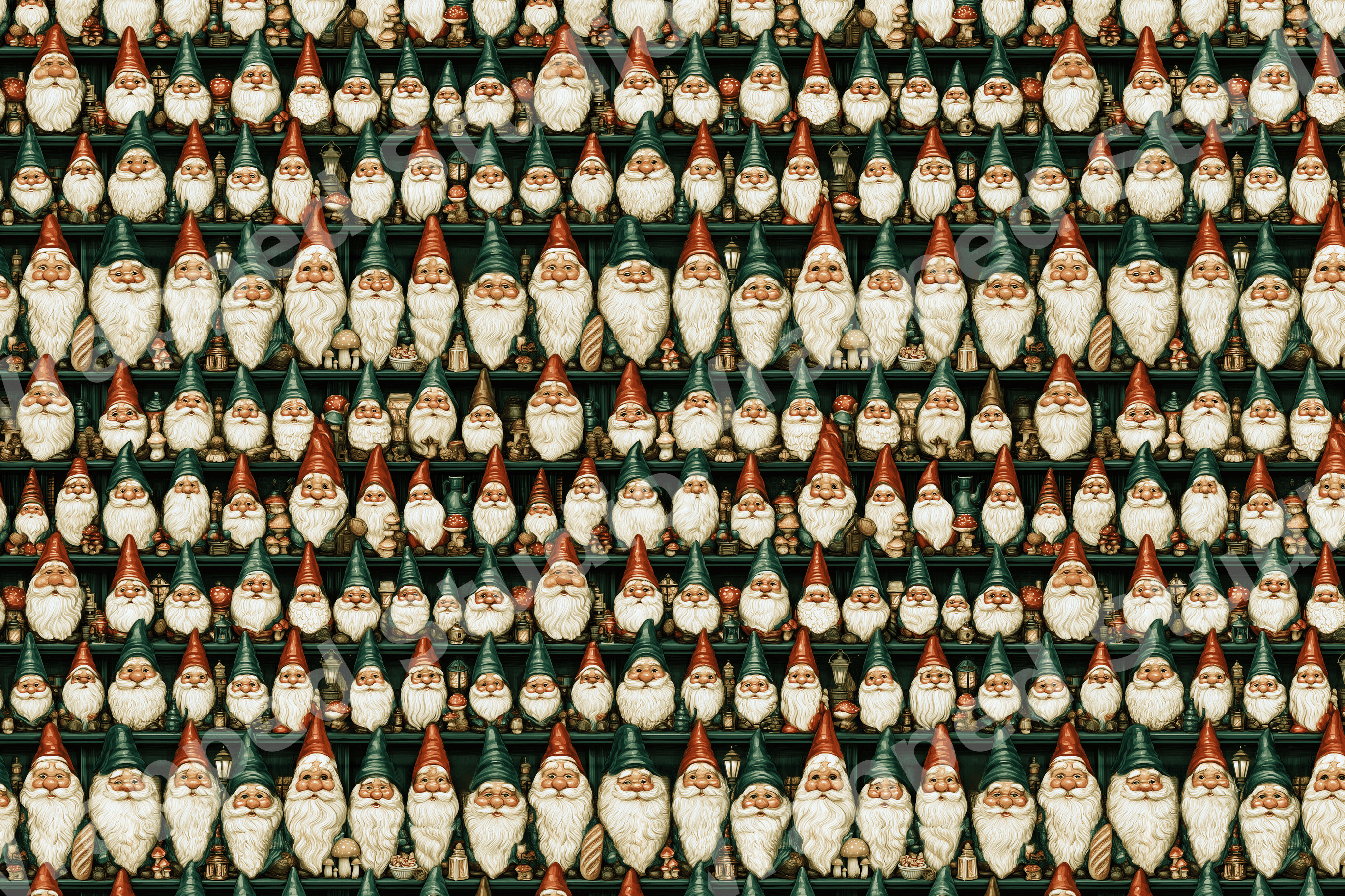 Whimsical Christmas gnome pattern featuring rows of vintage holiday gnomes in red and forest green.