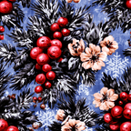 Vintage winter floral pattern with red berries, pine branches, and peach flowers on a blue snowflake background.