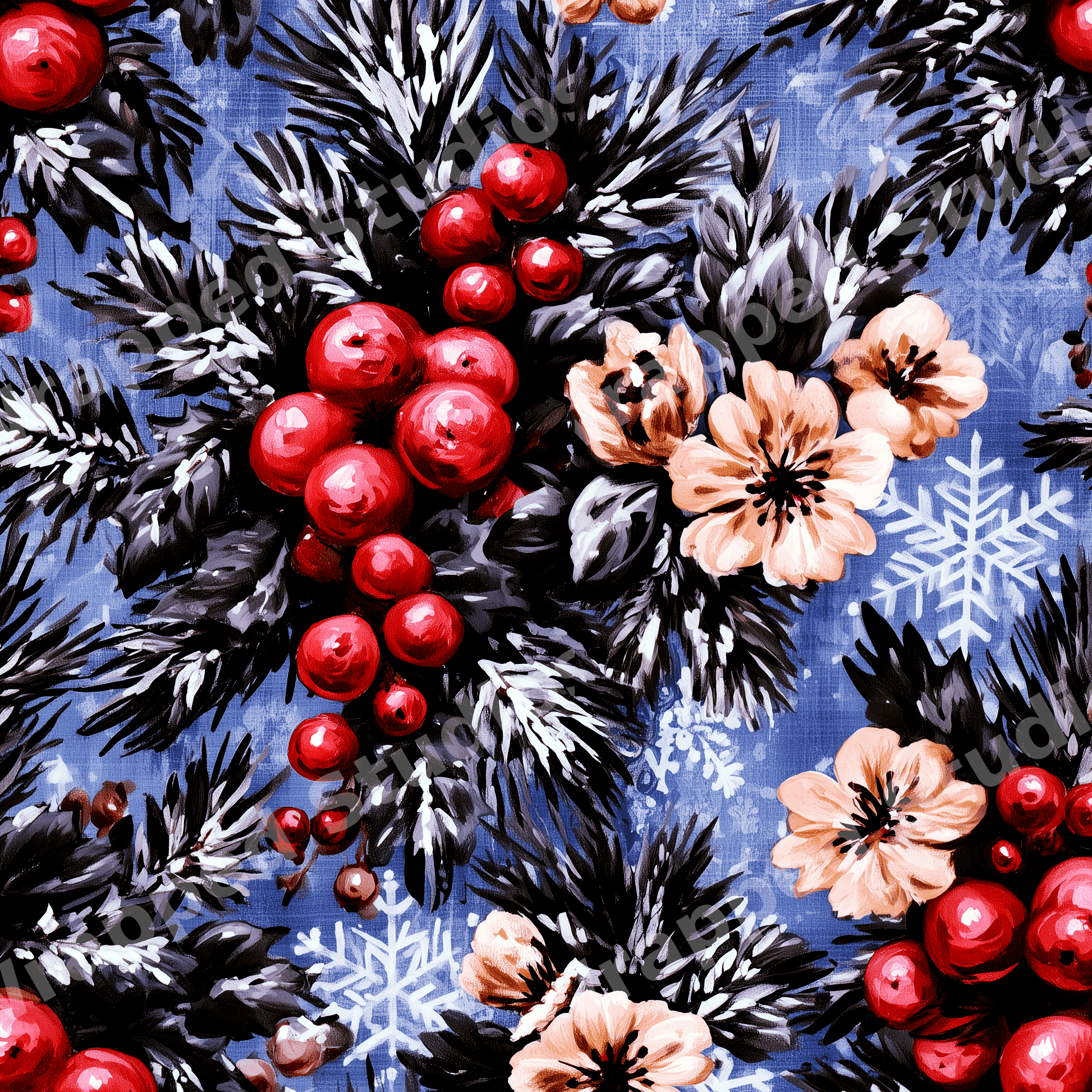 Vintage winter floral pattern with red berries, pine branches, and peach flowers on a blue snowflake background.