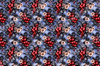Vintage holiday floral pattern with red berries, pine branches, and beige flowers on a blue background.