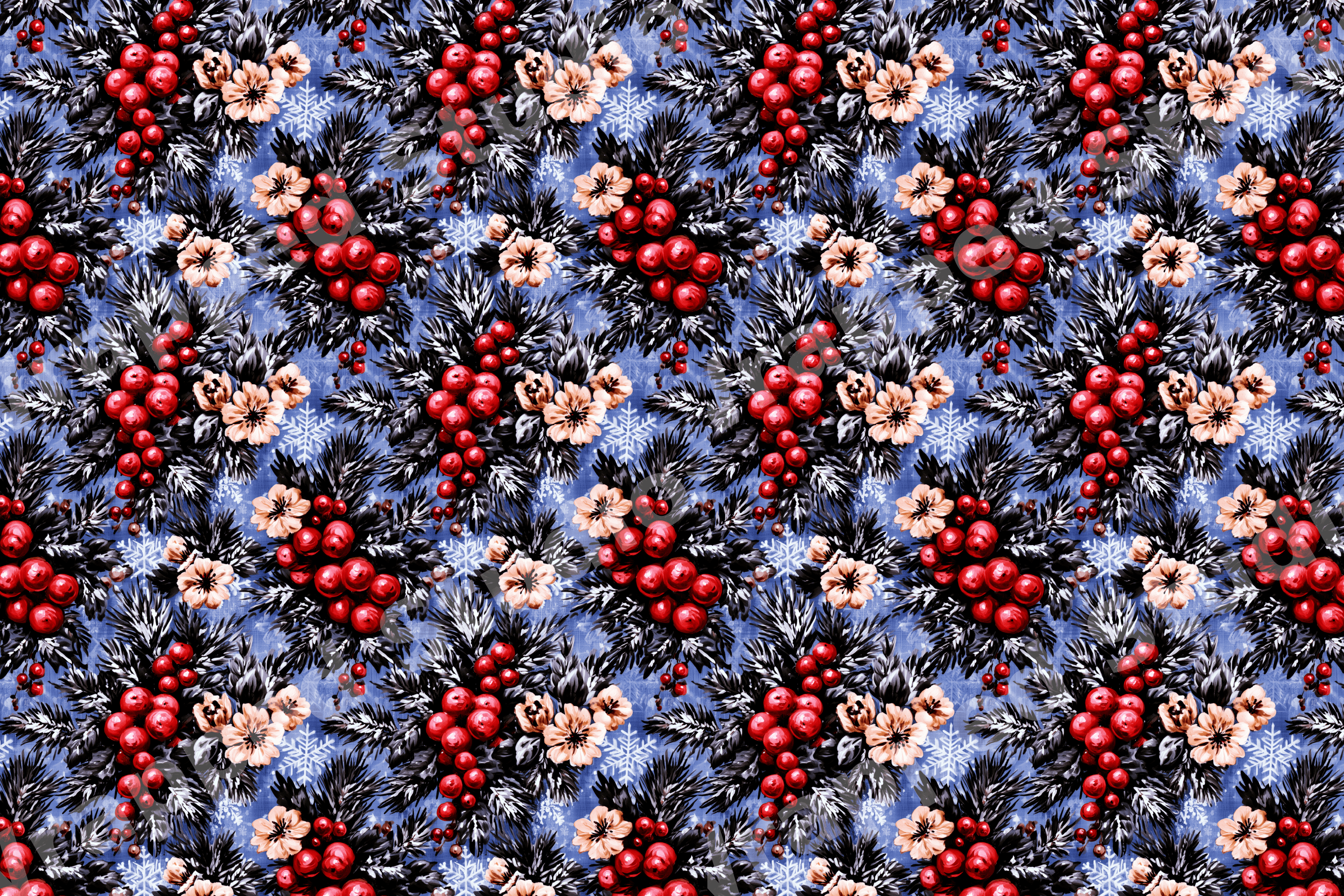 Vintage holiday floral pattern with red berries, pine branches, and beige flowers on a blue background.