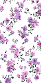 Elegant floral pattern with delicate pink and purple blossoms on winding green stems, creating a romantic botanical design.