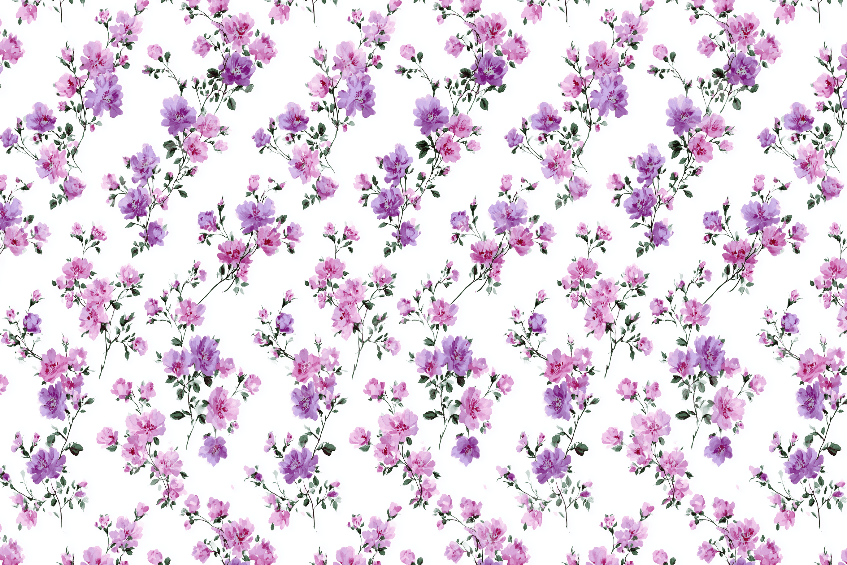 Delicate watercolor floral pattern with small pink and purple blossoms on thin green stems, creating an elegant, feminine design.