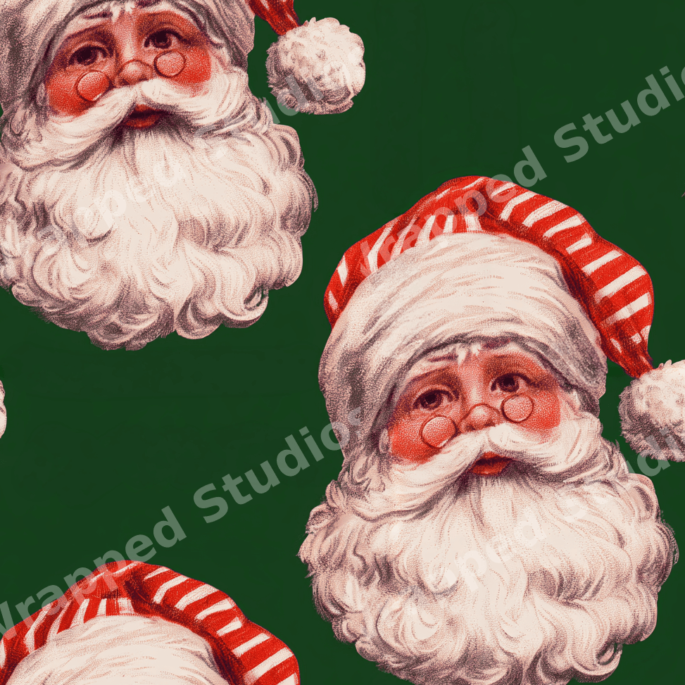 Vintage Santa Claus seamless pattern featuring retro holiday illustrations on a dark green background.