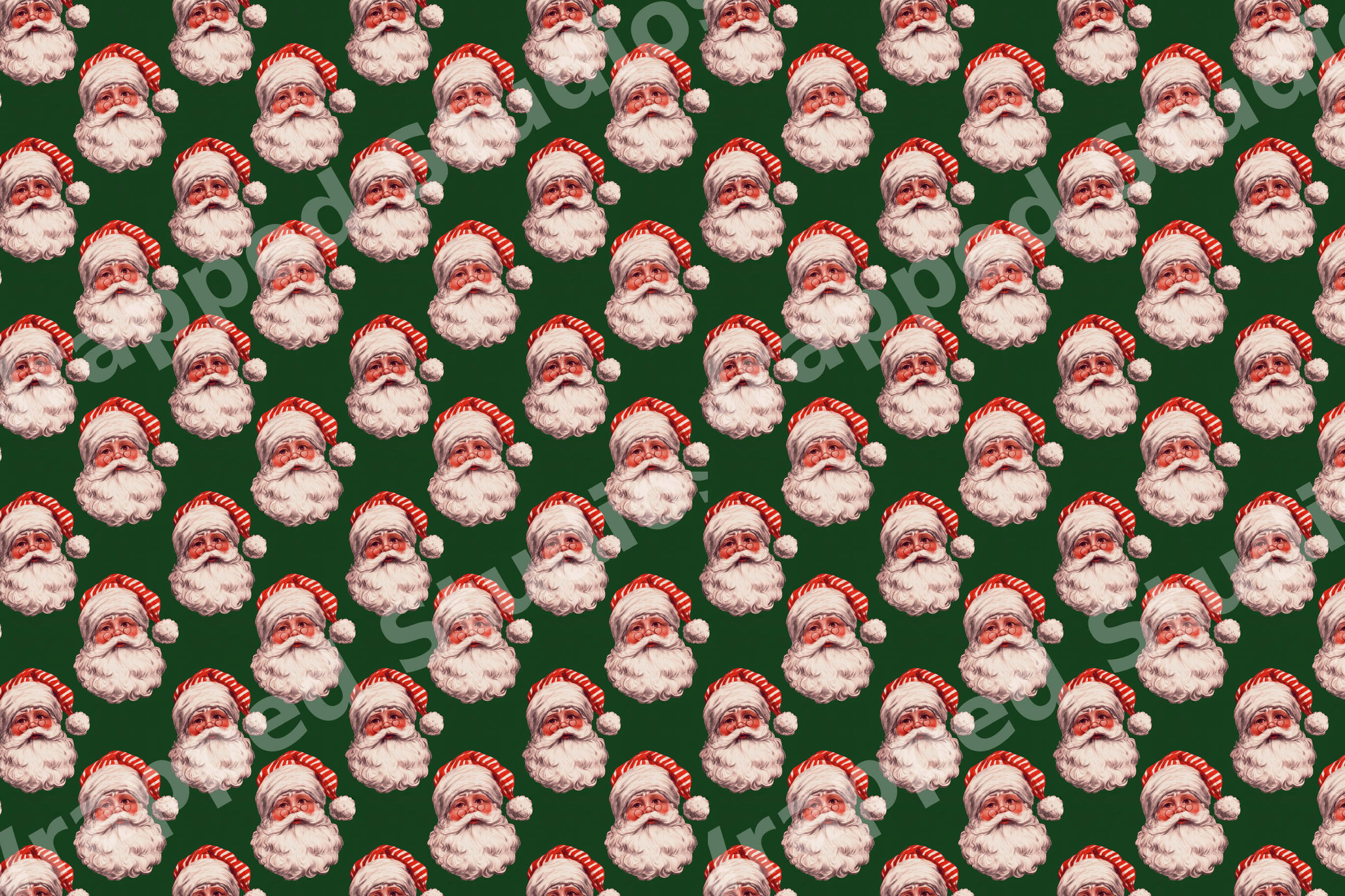 Vintage Santa Claus pattern with classic retro Christmas faces on a dark green background.