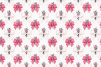 Vintage coquette bow pattern with red gingham, cream satin, and botanical rose bouquets on white.