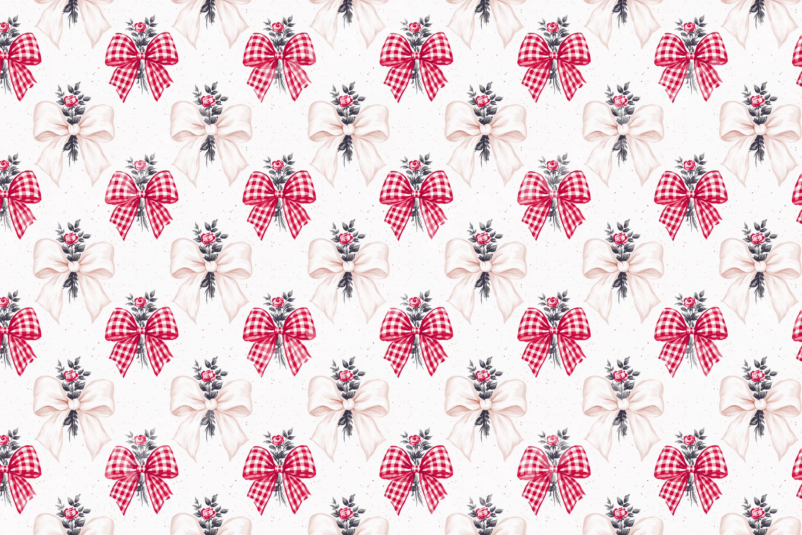 Vintage coquette bow pattern with red gingham, cream satin, and botanical rose bouquets on white.